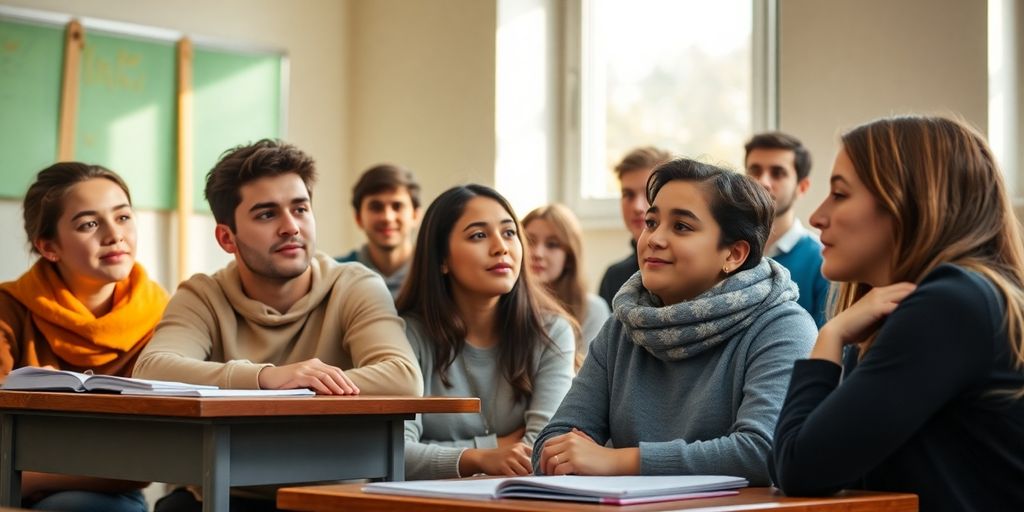 Elevi români discutând în clasă despre reforma educațională.