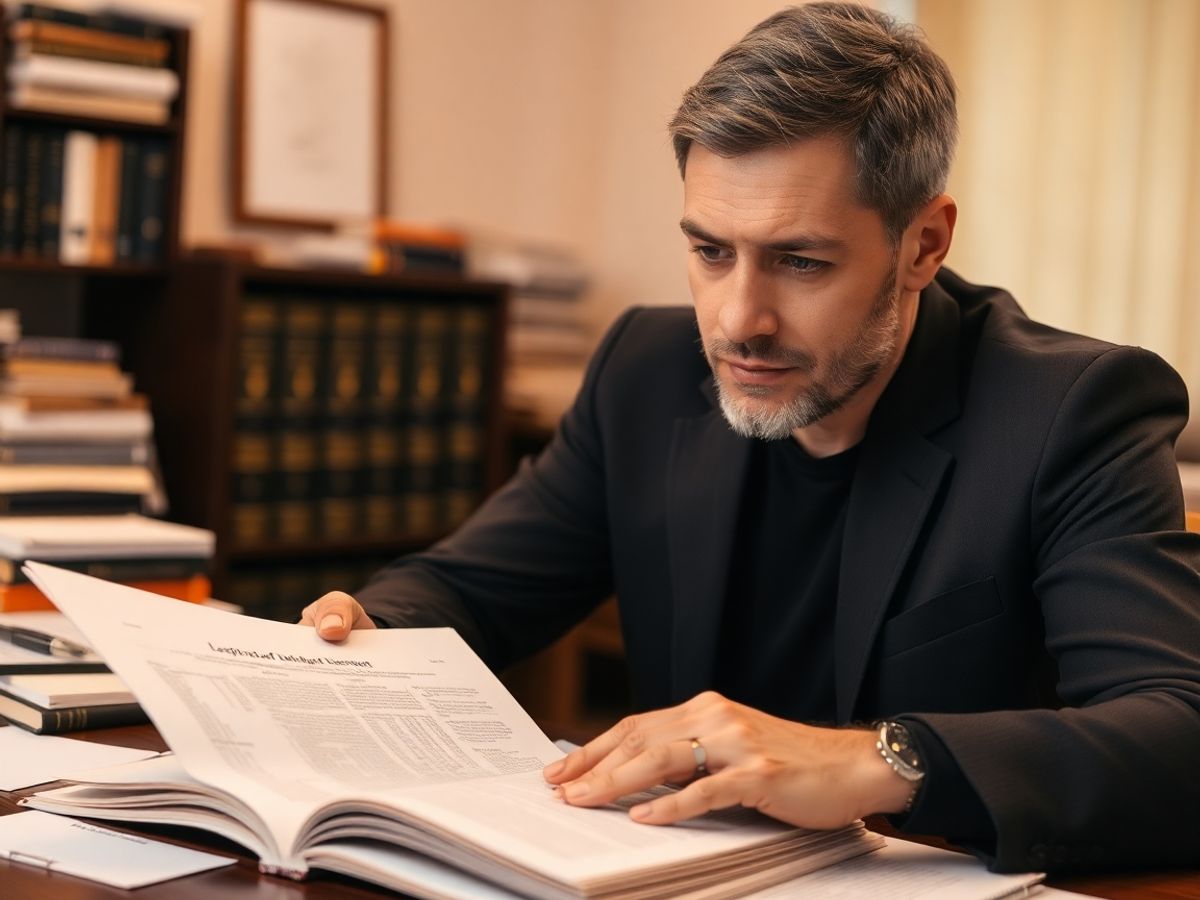 Persoană citind documente legale la birou.