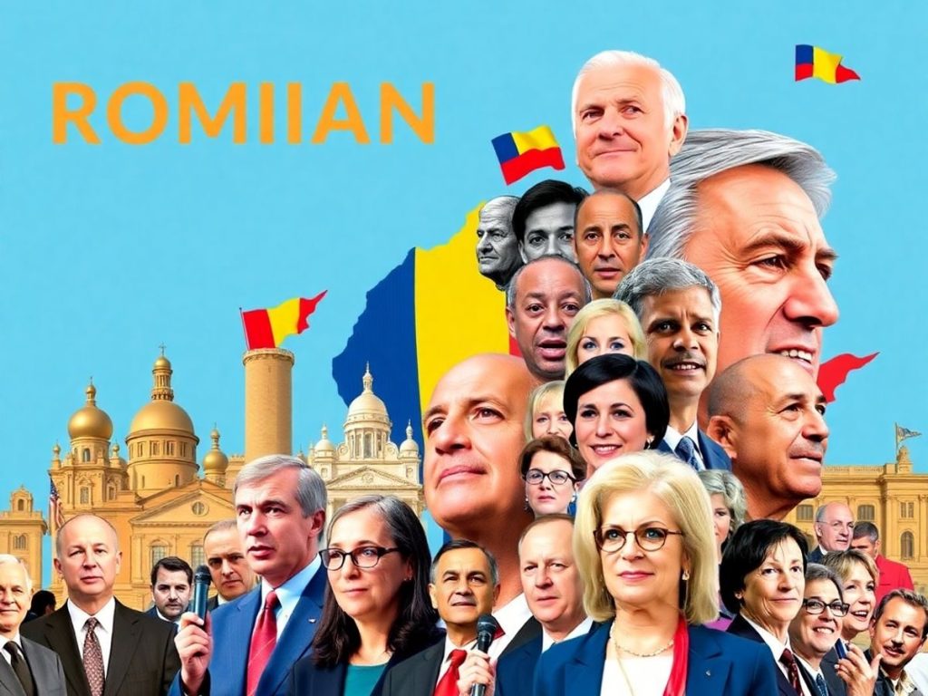 Colaj vibrant cu figuri politice românești.