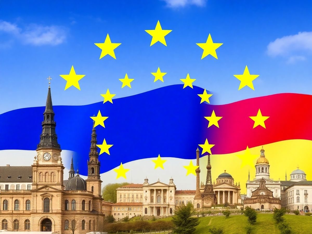 Fotografie a steagurilor României și UE pe fundal.