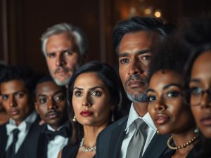 Oameni la costum, cu figuri serioase, într-o sală întunecată.