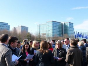 Oameni discutând, clădiri guvernamentale, steaguri europene vizibile.