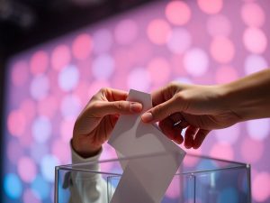 Oameni votând, cu lumini colorate pe fundal.