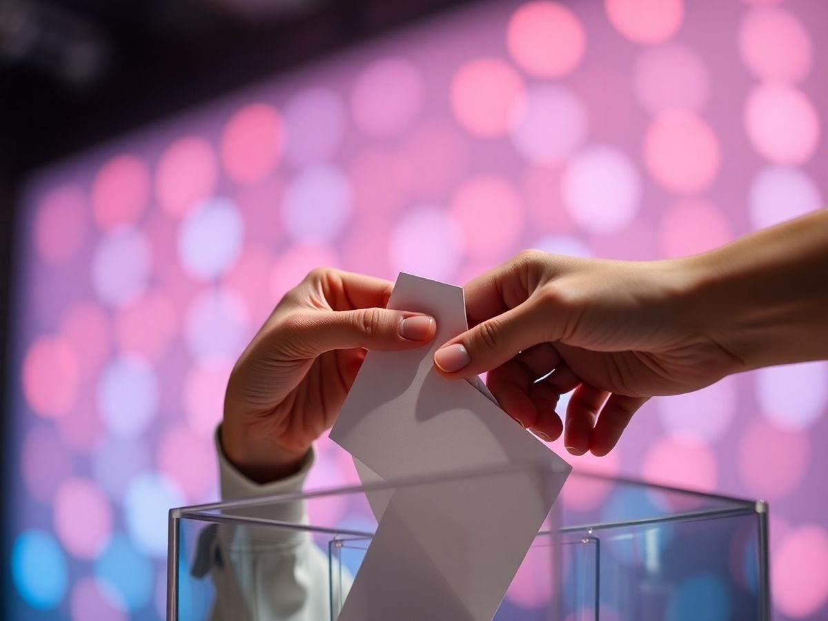 Oameni votând, cu lumini colorate pe fundal.