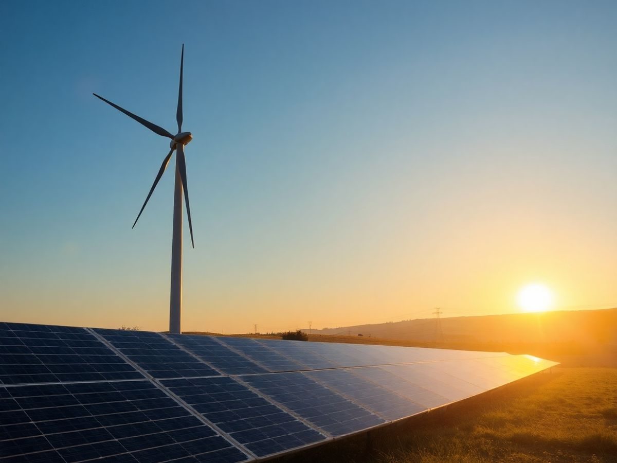 Panou solar, turbină eoliană, rețea electrică, viitor.