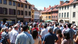 Oameni discutând în piața unui oraș mic.