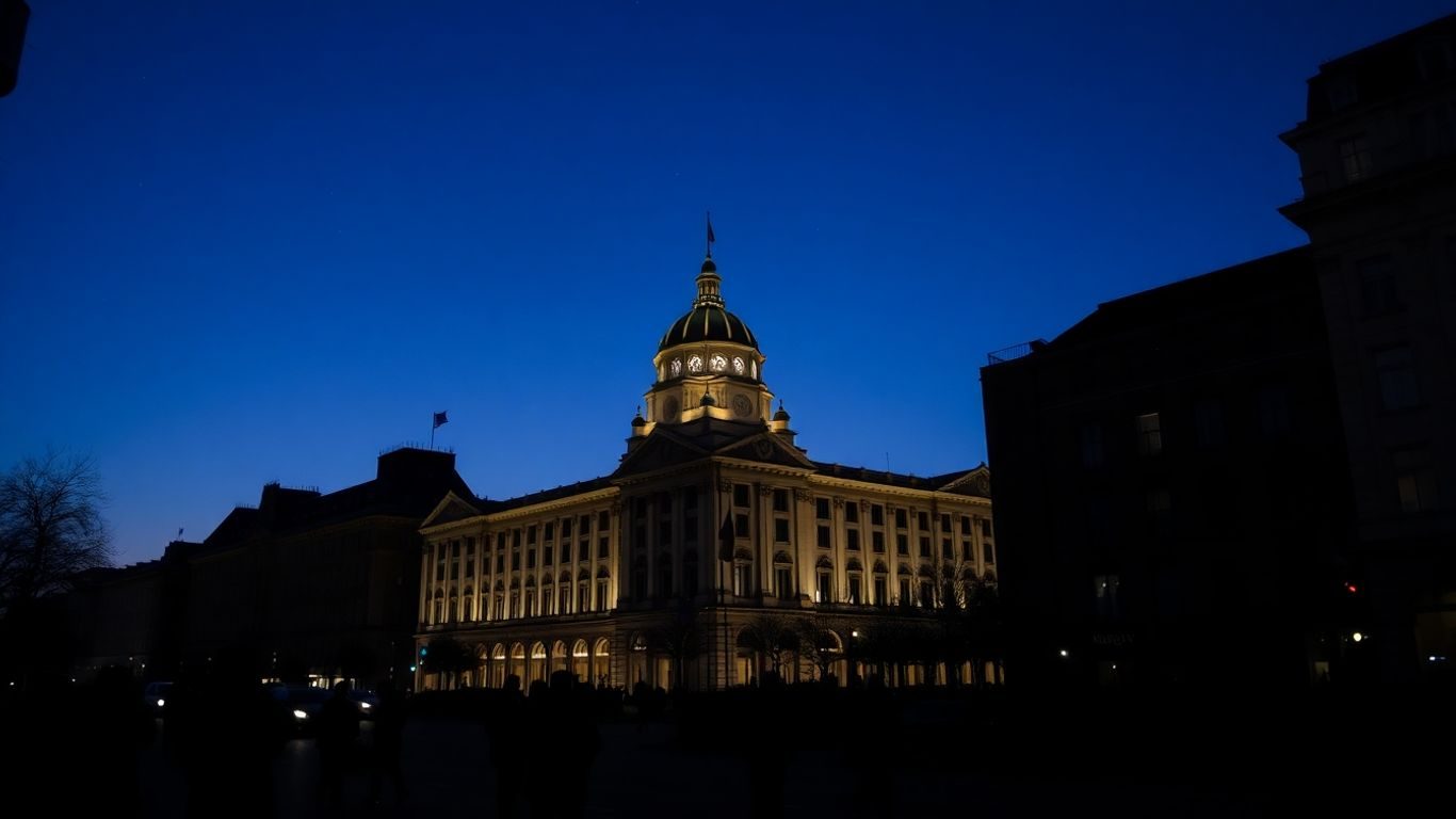 Primărie iluminată în centrul orașului la apus.